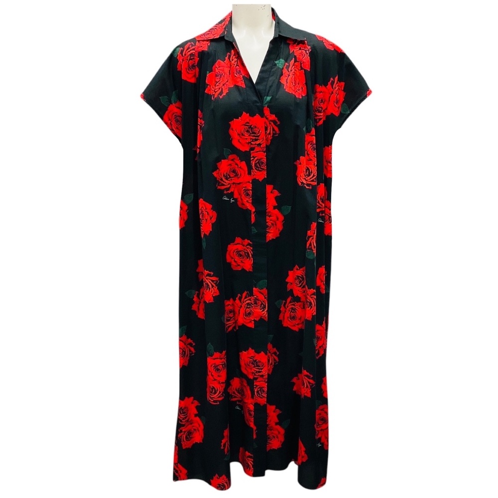 ADAM LIPPES BLACK / RED FLORAL ROSE PRINT COTTON LONG DRESS